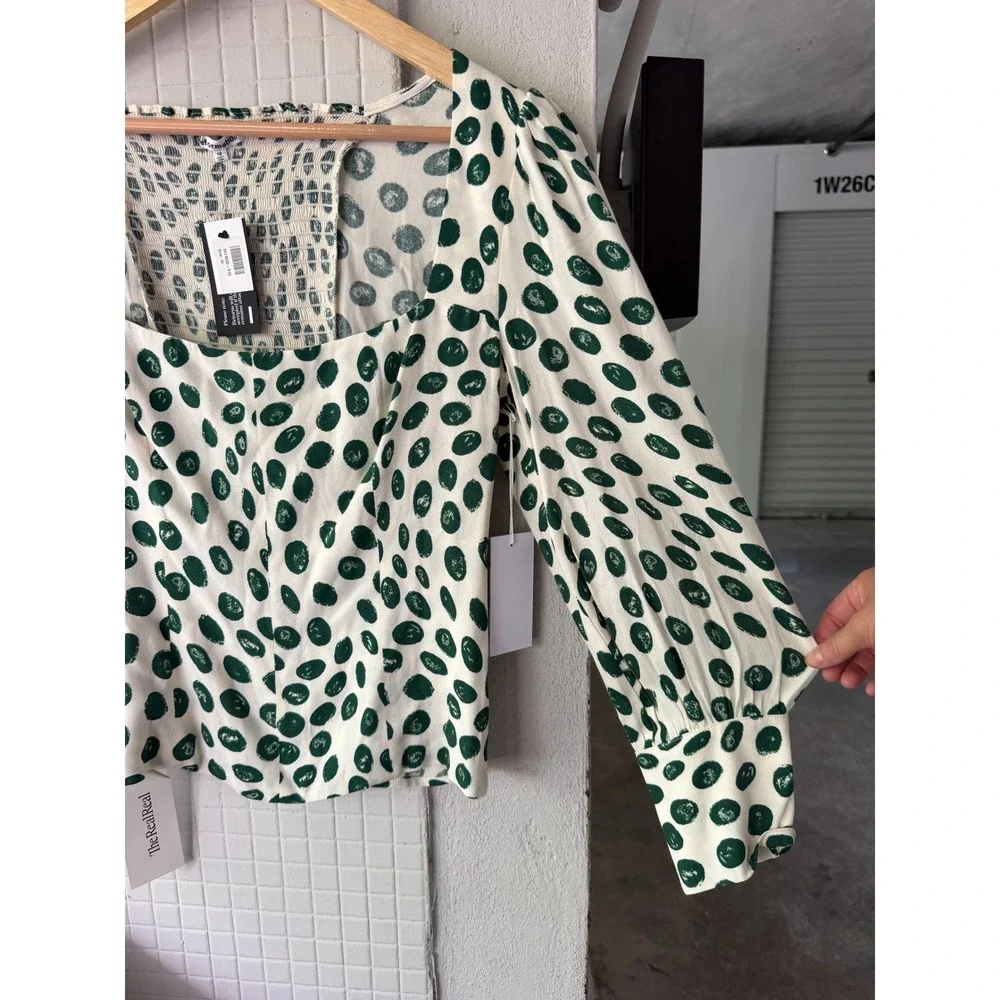 Reformation Calla Blouse in Tapioca Blouse 10 Ivory Green Polka Dot Puff Sleeve